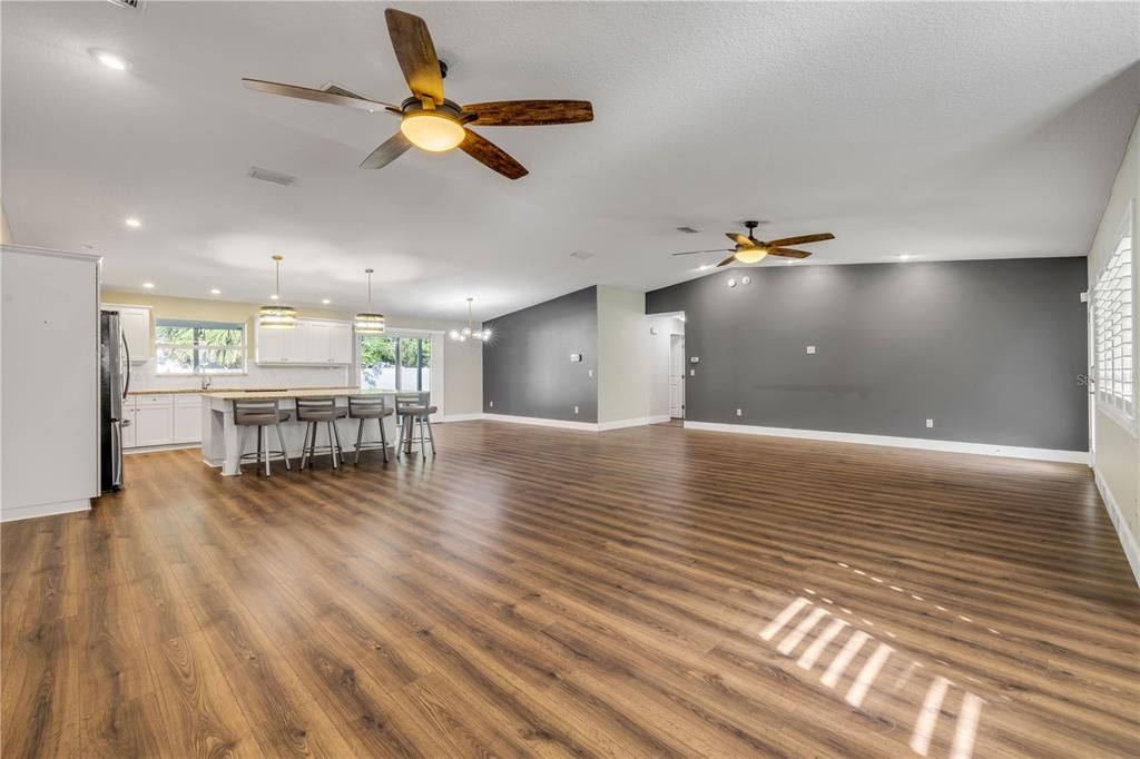 Empty room, Interior, Kitchen, Pendant Lights, Recessed Lighting, Wood Texture Flooring