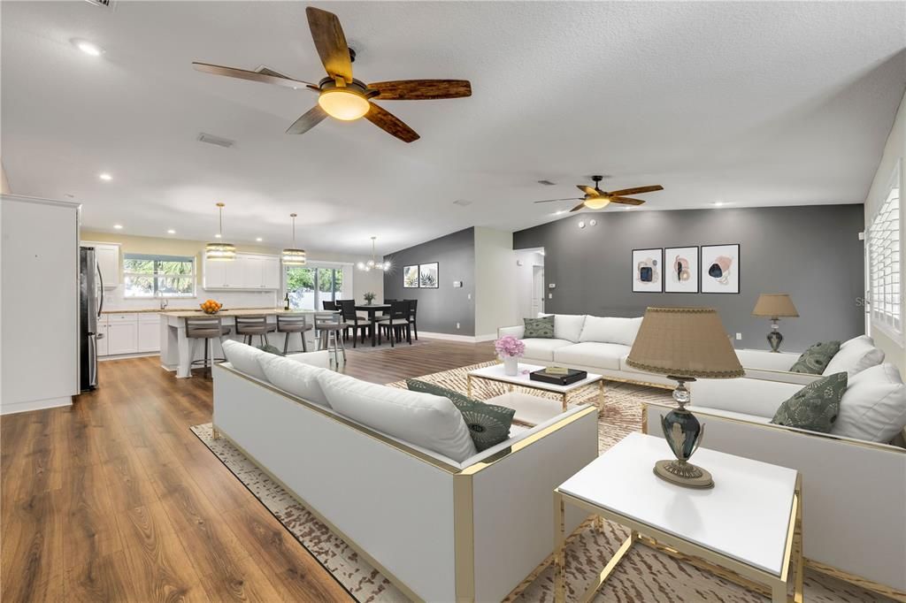 Dining room, Interior, Kitchen, Living room, Pendant Lights, Recessed Lighting, Wood Texture Flooring