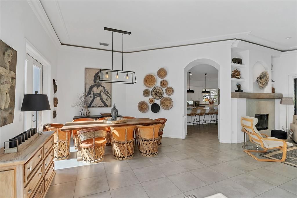 Dining room, Fireplace, Interior, Pendant Lights