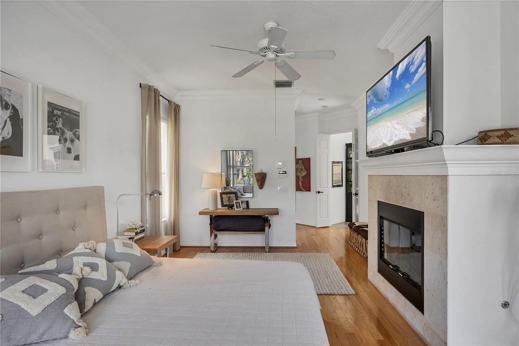 Bedroom, Fireplace, Interior, Wood Texture Flooring