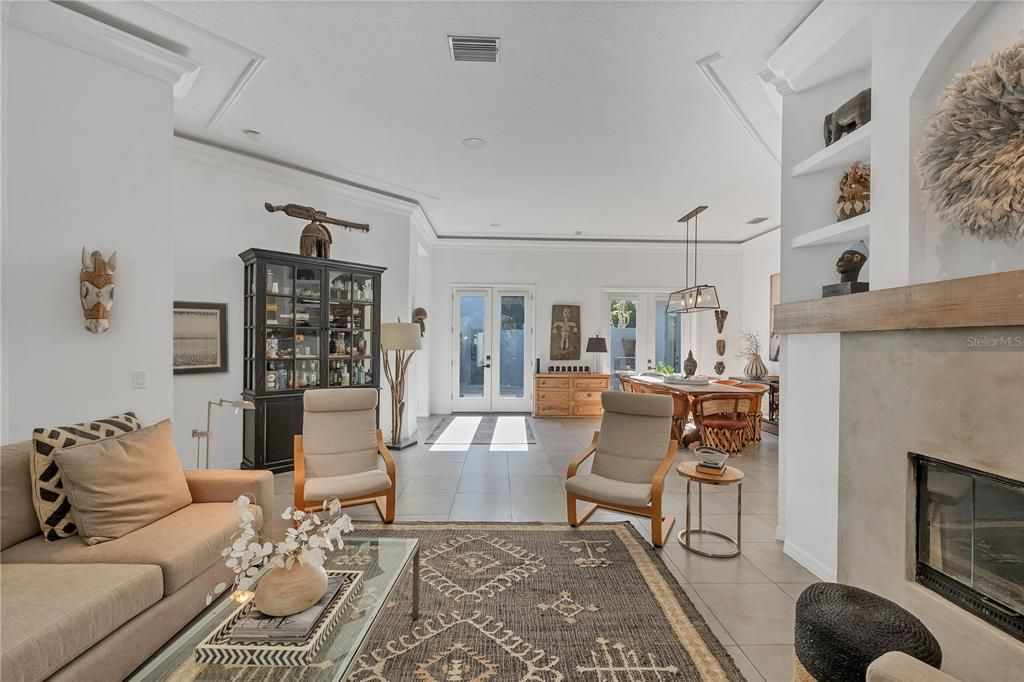 Fireplace, Interior, Kitchen, Living room, Pendant Lights, Recessed Lighting