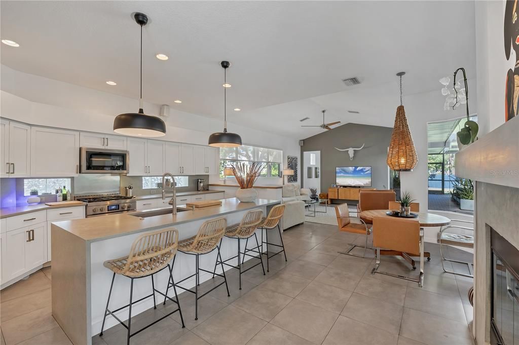 Dining room, Interior, Kitchen, Living room, Pendant Lights, Recessed Lighting, Stainless Steel Appliances