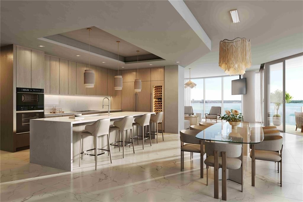 Chandelier, Dining room, Interior, Kitchen, Marble, Pendant Lights, Recessed Lighting, Stainless Steel Appliances, Water