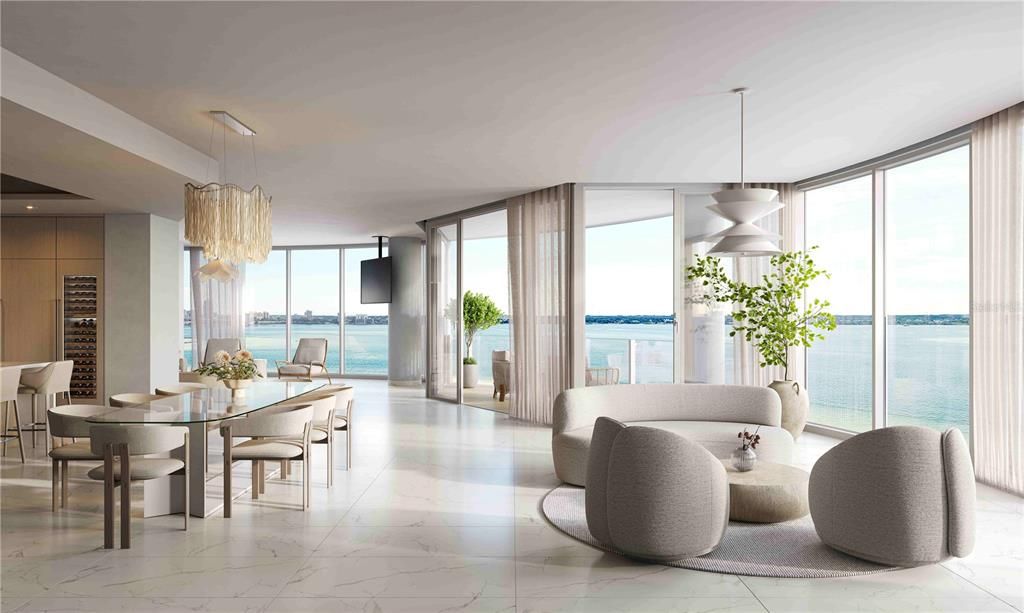 Dining room, Interior, Living room, Marble, Pendant Lights, Water