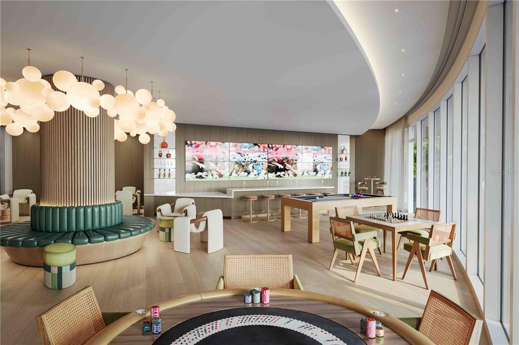 Billiard Table, Dining room, Game Room, Interior, Pendant Lights, Wood Texture Flooring