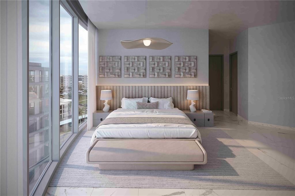 Bedroom, Interior, Marble, Pendant Lights