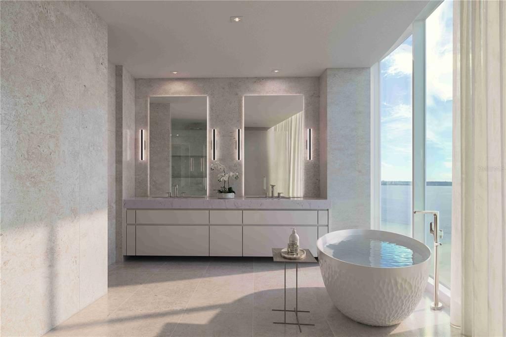 Bathroom, Dual Sink Vanities, Free Standing Baths, Interior, Recessed Lighting, Water