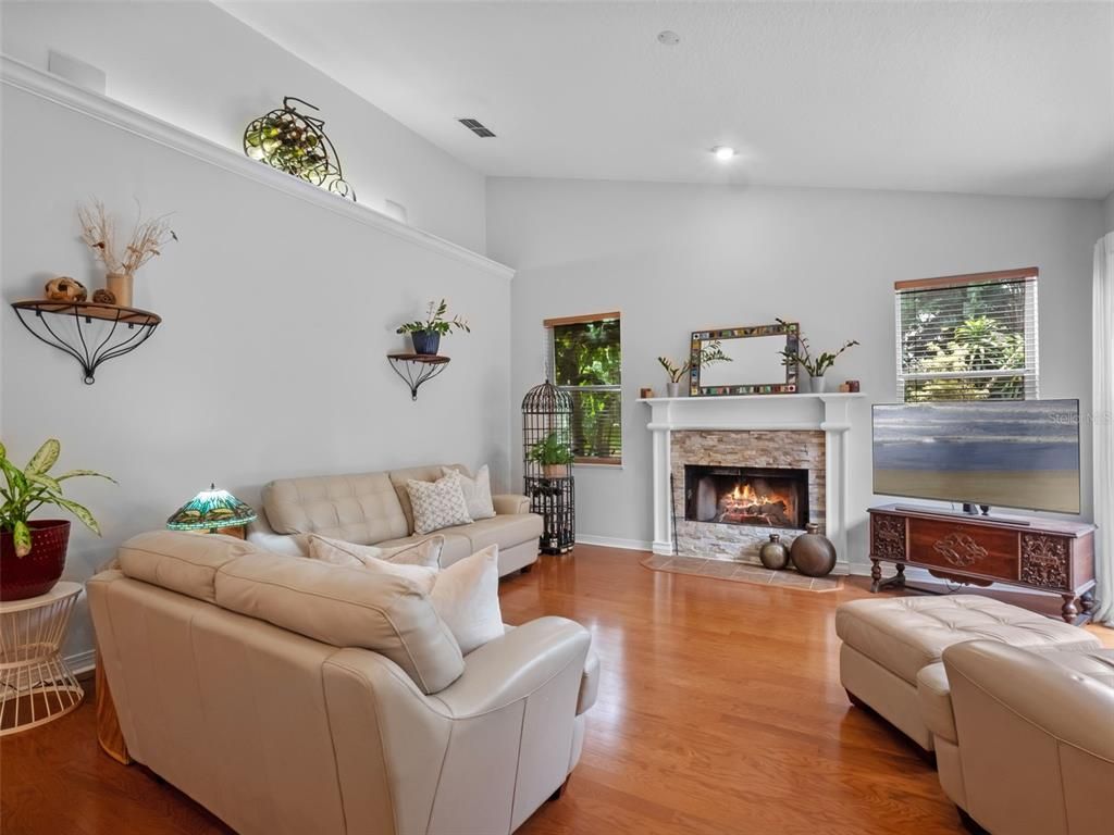 Fireplace, Interior, Living room, Recessed Lighting, Wood Texture Flooring