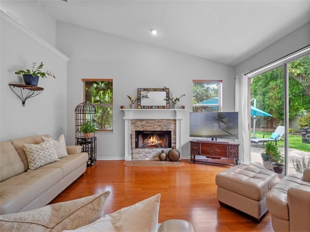 Fireplace, Interior, Living room, Recessed Lighting, Wood Texture Flooring