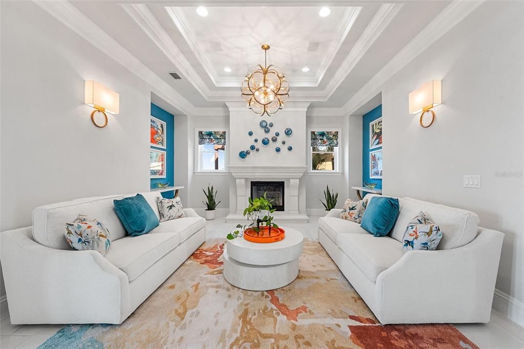Chandelier, Fireplace, Interior, Living room, Recessed Lighting