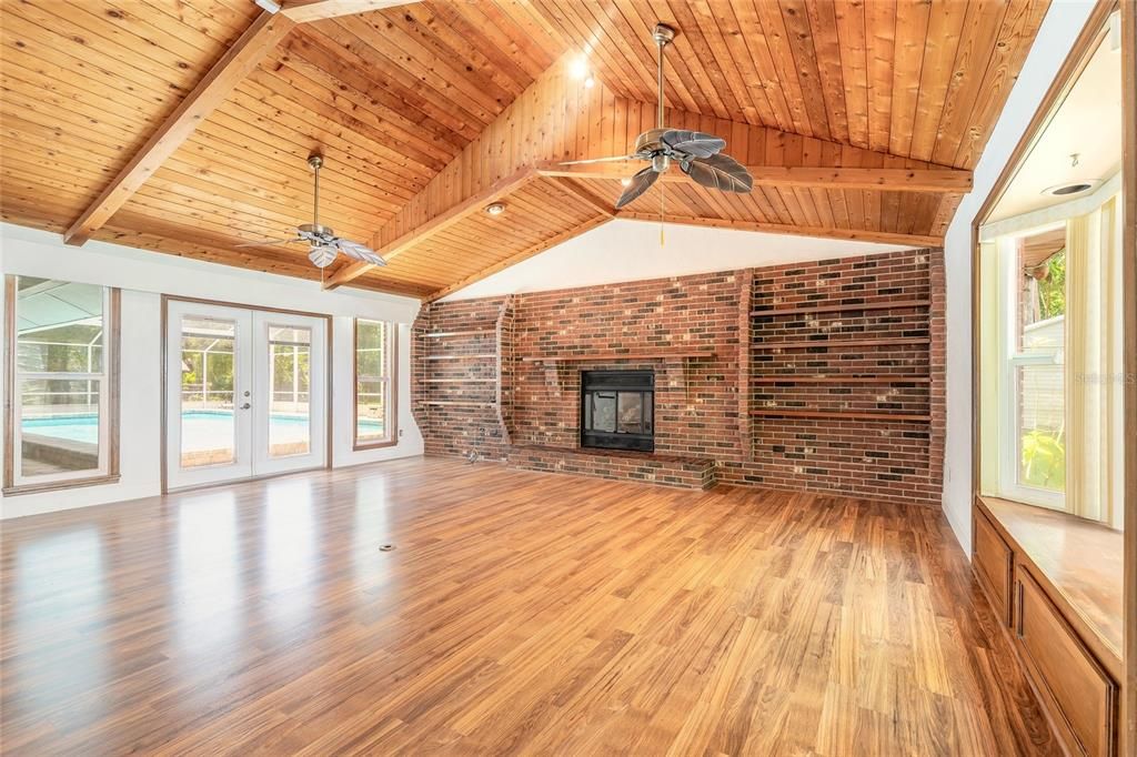 Empty room, Fireplace, Interior, Stone Walls, Wooden Beams, Wooden Ceilings, Wood Texture Flooring