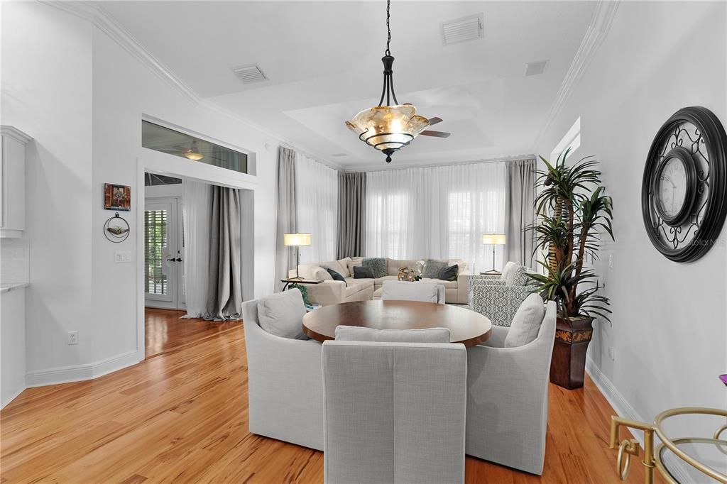 Dining room, Interior, Living room, Pendant Lights, Wood Texture Flooring