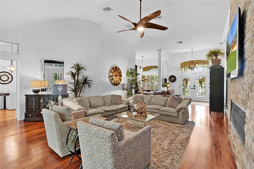 Fireplace, Interior, Living room, Pendant Lights, Stone Walls, Wood Texture Flooring