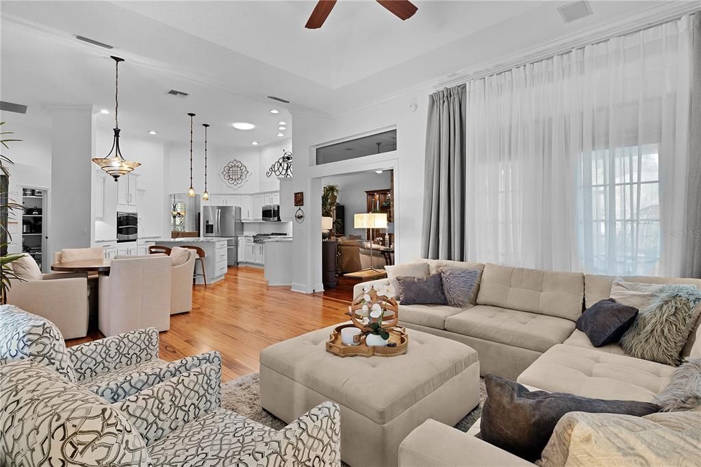 Dining room, Interior, Kitchen, Living room, Pendant Lights, Recessed Lighting, Stainless Steel Appliances, Wood Texture Flooring