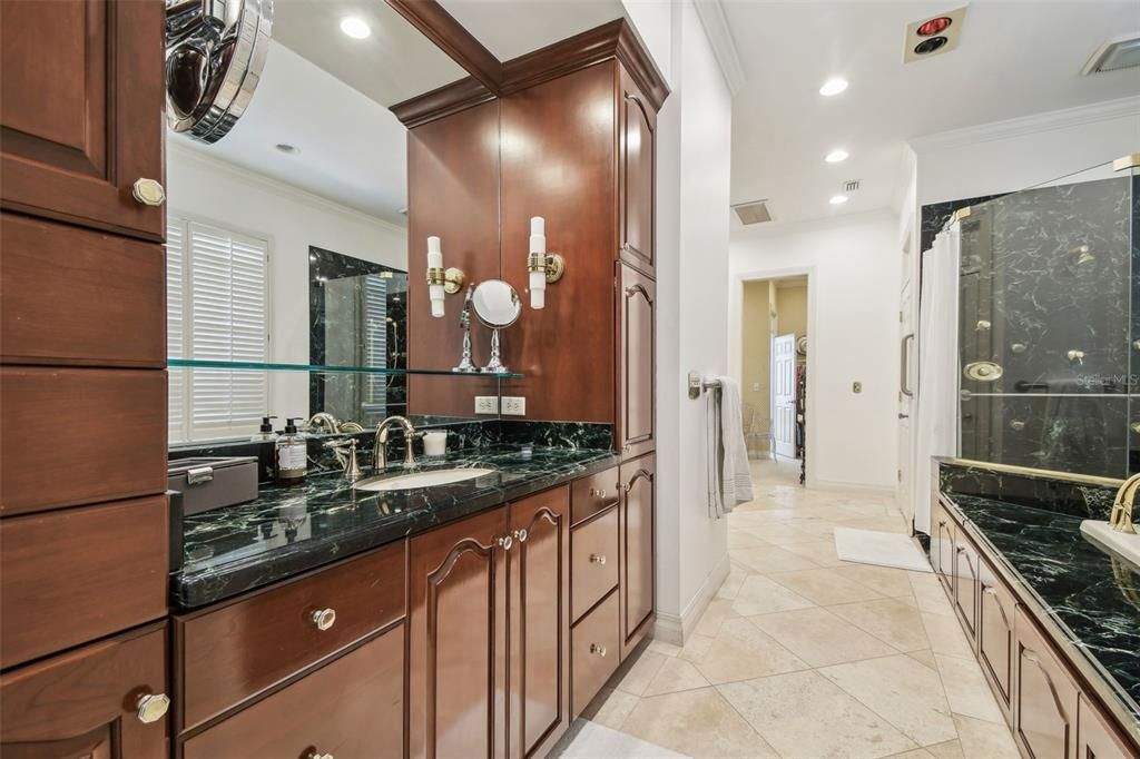 Bathroom, Dual Sink Vanities, Glass Shower, Interior, Marble Walls, Recessed Lighting