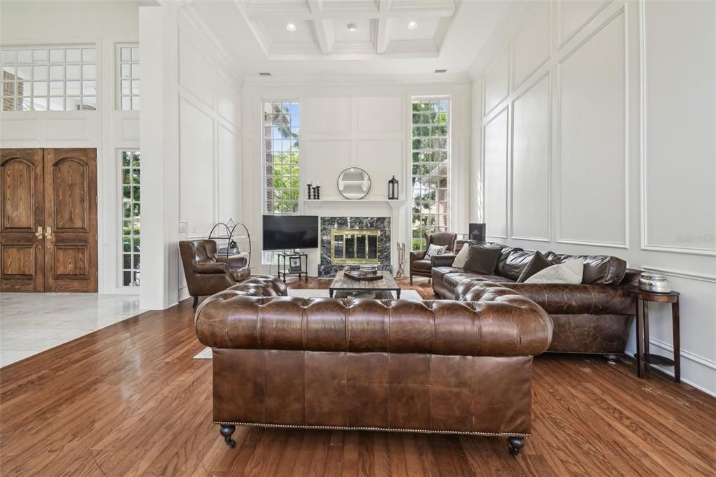 Fireplace, Interior, Living room, Recessed Lighting, Wood Texture Flooring