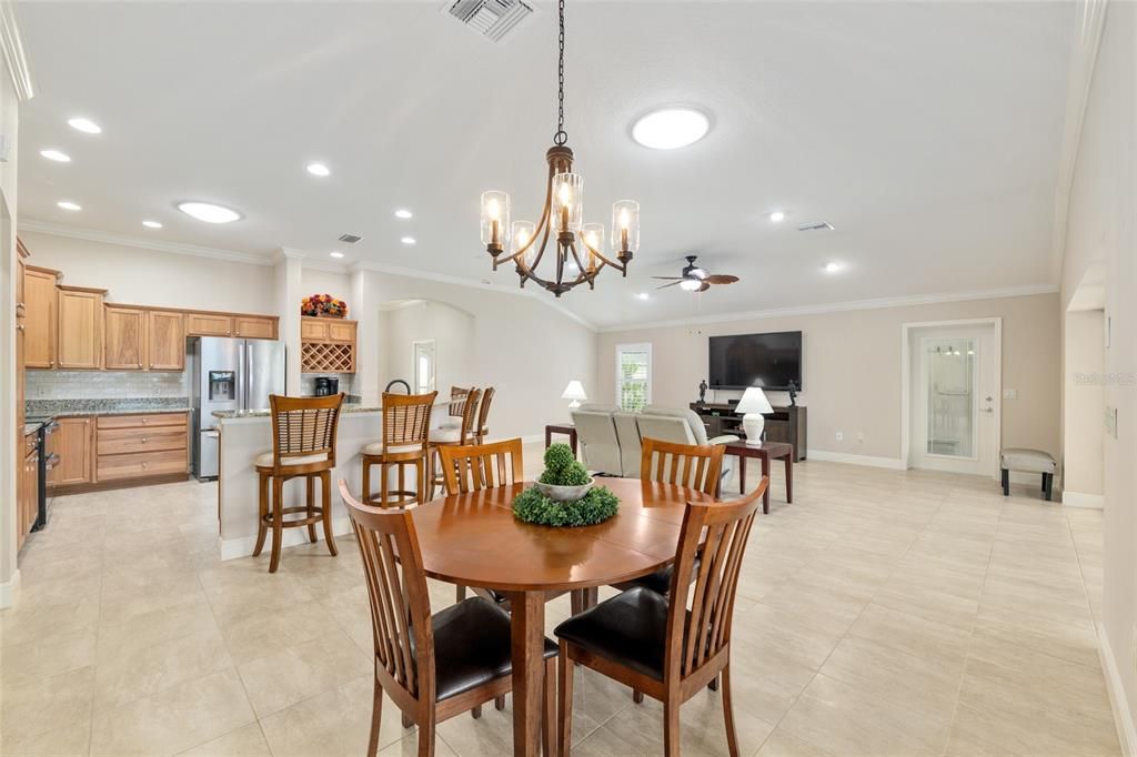 Chandelier, Dining room, Interior, Kitchen, Living room, Recessed Lighting, Stainless Steel Appliances
