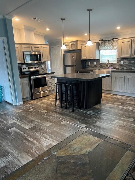 Interior, Kitchen, Pendant Lights, Recessed Lighting, Stainless Steel Appliances, Wood Texture Flooring