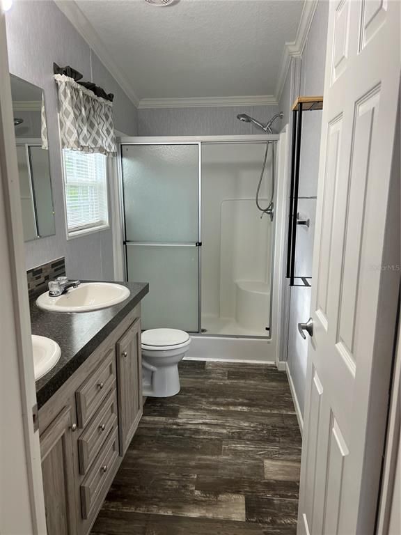 Bathroom, Glass Shower, Interior, Wood Texture Flooring