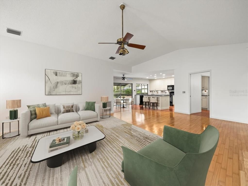 Dining room, Interior, Kitchen, Living room, Recessed Lighting, Stainless Steel Appliances, Wood Texture Flooring