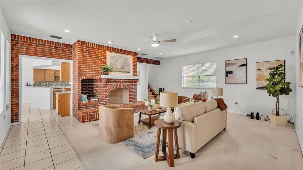 Fireplace, Interior, Kitchen, Living room, Recessed Lighting, Stone Walls