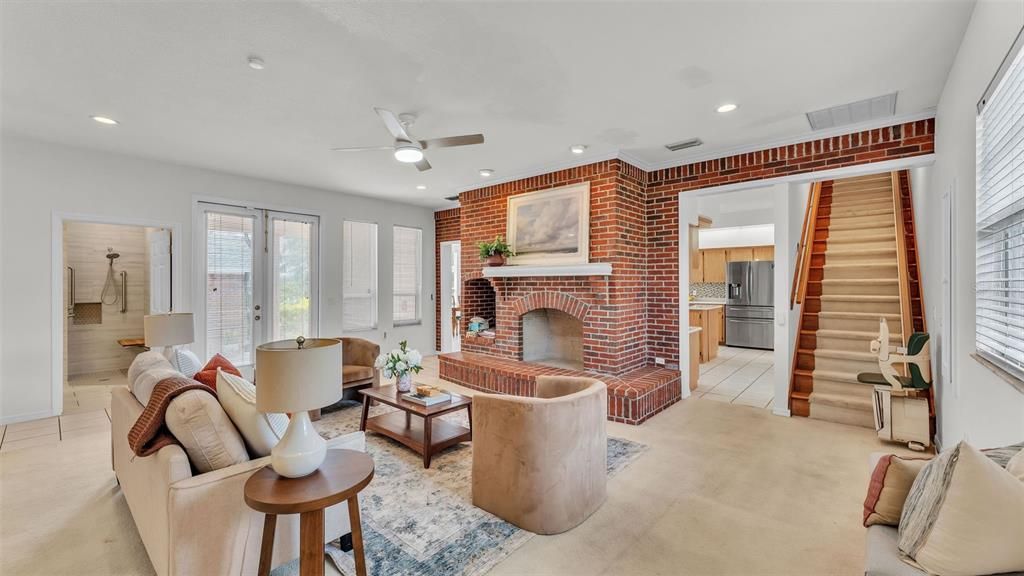 Dining room, Fireplace, Interior, Kitchen, Living room, Recessed Lighting, Stone Walls