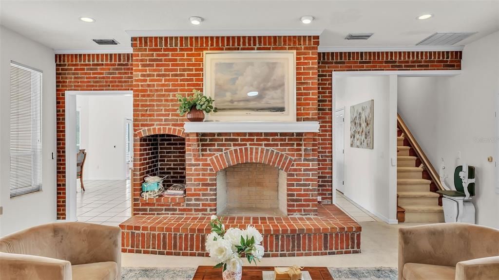 Fireplace, Interior, Recessed Lighting, Stone Walls