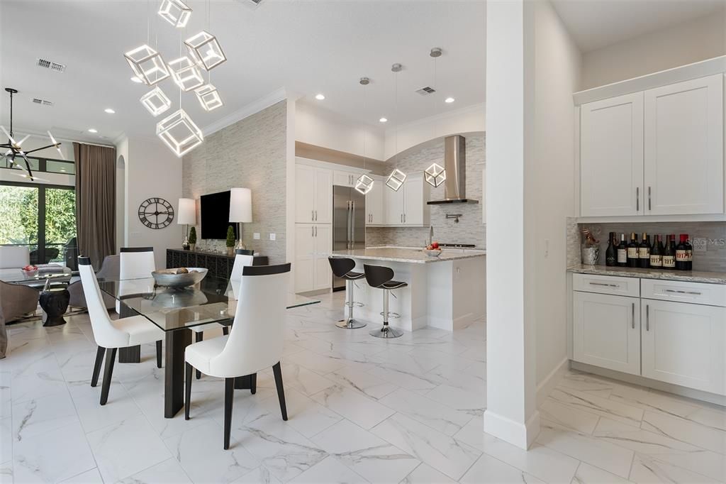 Dining room, Interior, Kitchen, Marble, Pendant Lights, Recessed Lighting, Stainless Steel Appliances