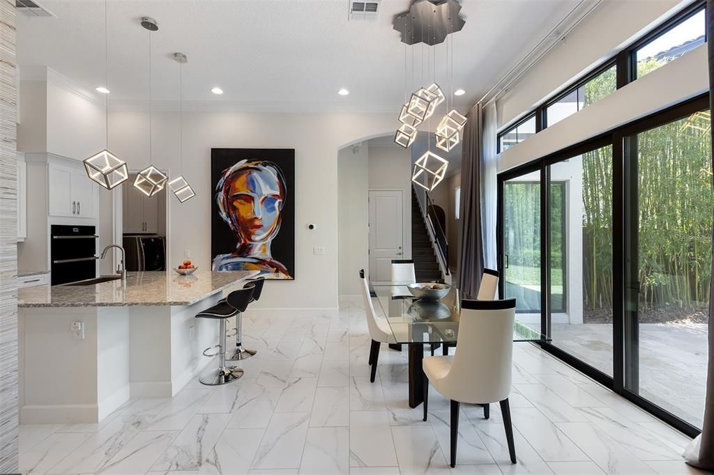 Dining room, Interior, Kitchen, Marble, Pendant Lights, Recessed Lighting