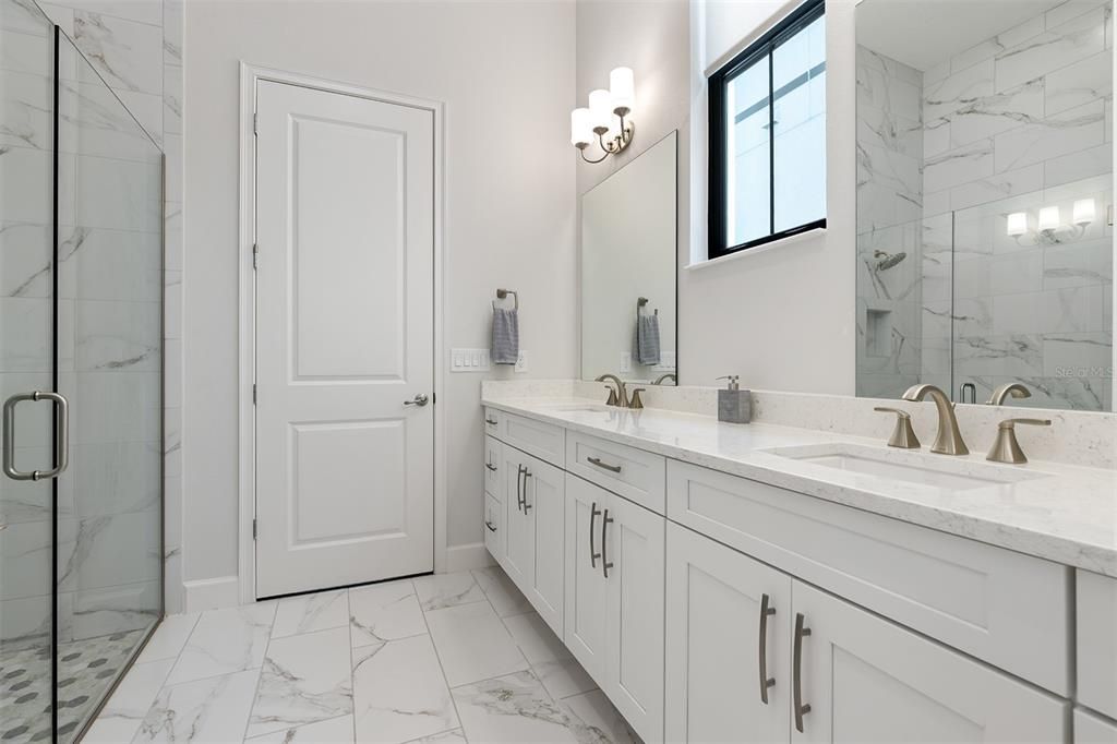 Bathroom, Dual Sink Vanities, Glass Shower, Interior, Marble, Marble Walls