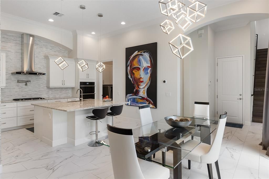 Dining room, Interior, Kitchen, Marble, Pendant Lights, Recessed Lighting, Stainless Steel Appliances