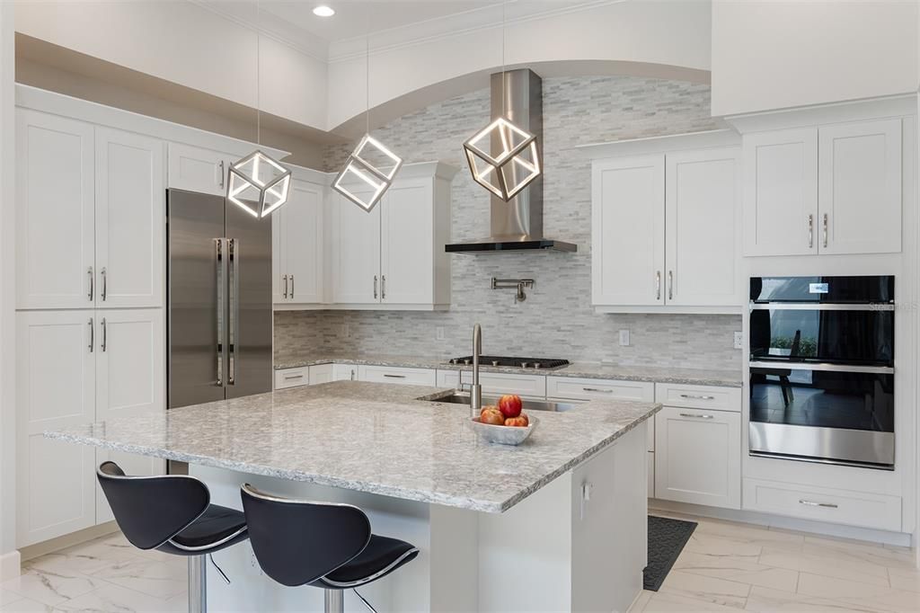 Interior, Kitchen, Marble, Pendant Lights, Recessed Lighting, Stainless Steel Appliances