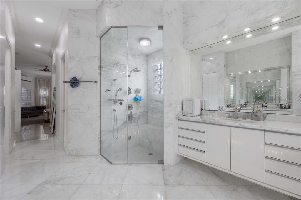 Bathroom, Glass Shower, Interior, Marble, Marble Walls, Recessed Lighting