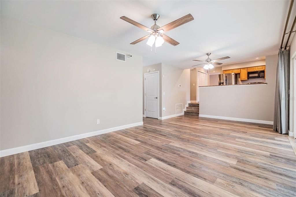Empty room, Interior, Kitchen, Recessed Lighting, Wood Texture Flooring