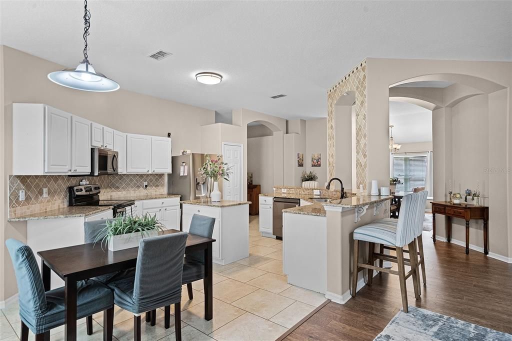 Dining room, Interior, Kitchen, Pendant Lights, Wood Texture Flooring
