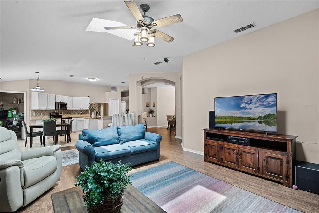 Dining room, Interior, Kitchen, Living room, Pendant Lights, Recessed Lighting, Stainless Steel Appliances, Wood Texture Flooring