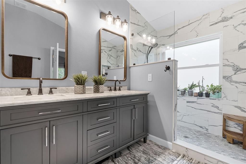 Bathroom, Dual Sink Vanities, Glass Shower, Interior, Marble, Marble Walls
