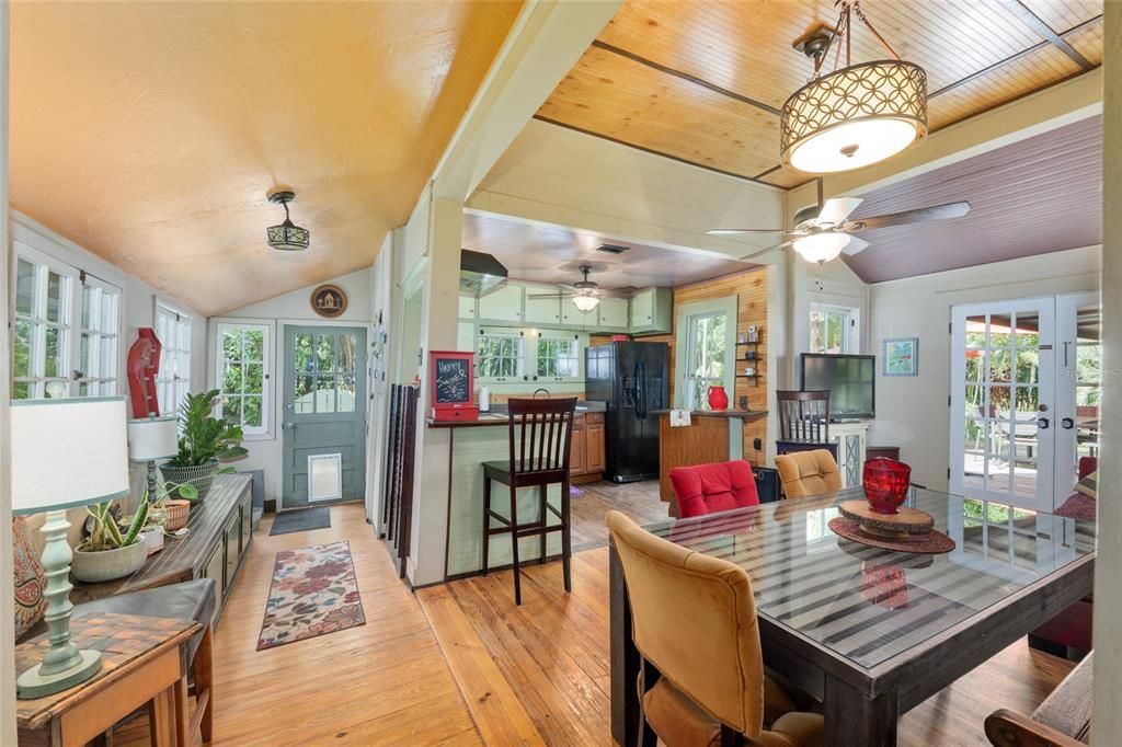 Dining room, Interior, Pendant Lights, Wooden Ceilings, Wood Texture Flooring