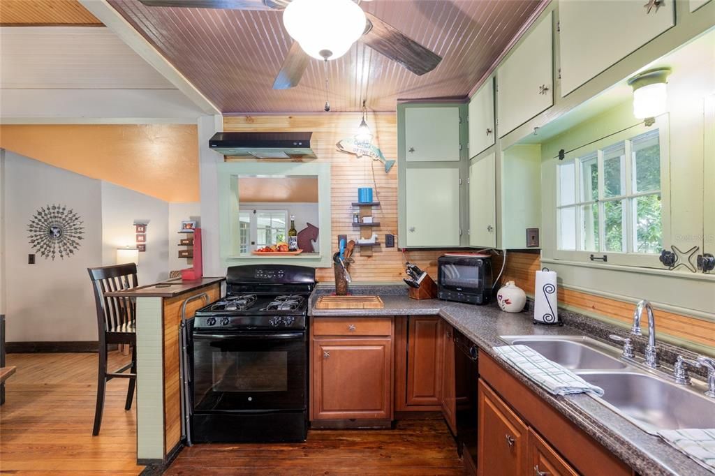 Interior, Kitchen, Tile Countertops, Wood Texture Flooring