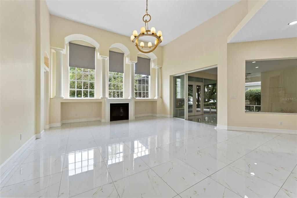 Chandelier, Empty room, Fireplace, Interior, Marble, Recessed Lighting