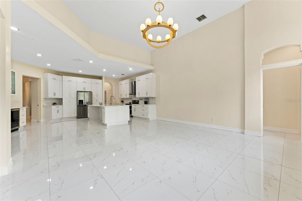 Chandelier, Interior, Kitchen, Marble, Recessed Lighting, Stainless Steel Appliances