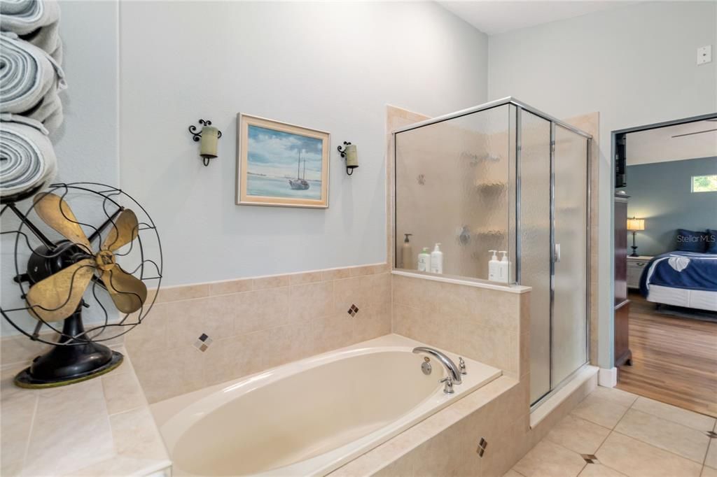 Bathroom, Bedroom, Glass Shower, Interior, Tile Countertops, Wood Texture Flooring