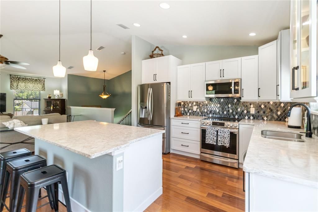 Interior, Kitchen, Pendant Lights, Recessed Lighting, Stainless Steel Appliances, Wood Texture Flooring