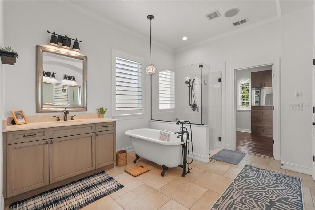 Bathroom, Dual Sink Vanities, Free Standing Baths, Glass Shower, Interior, Pendant Lights, Recessed Lighting