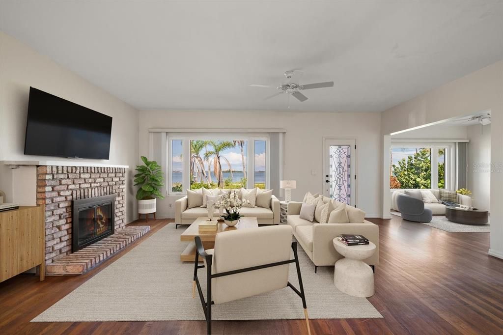 Fireplace, Interior, Living room, Water, Wood Texture Flooring