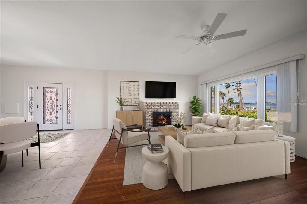 Fireplace, Interior, Living room, Water, Wood Texture Flooring