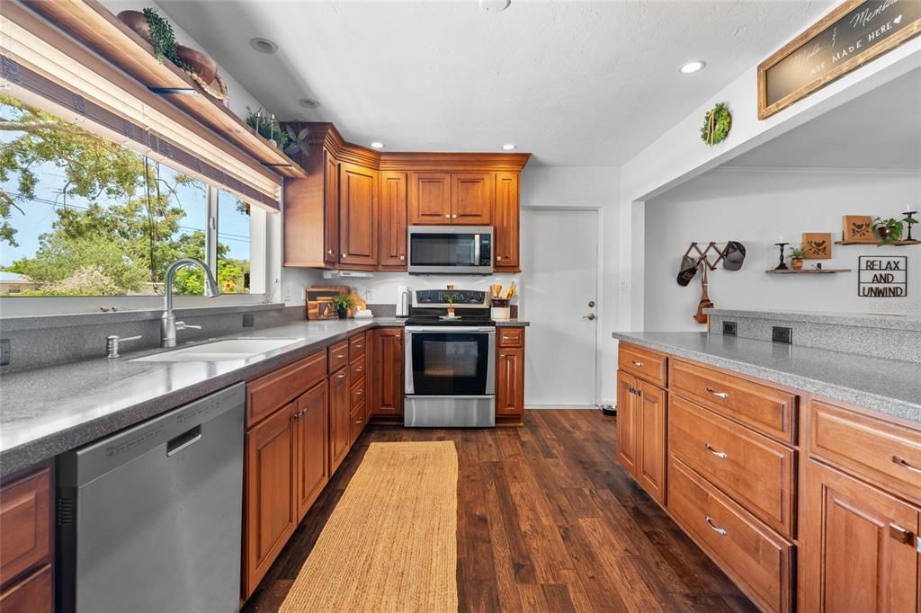 Interior, Kitchen, Recessed Lighting, Stainless Steel Appliances, Wood Texture Flooring