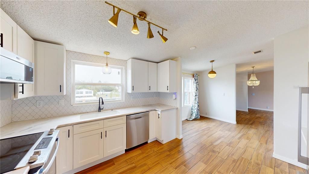 Interior, Kitchen, Pendant Lights, Wood Texture Flooring