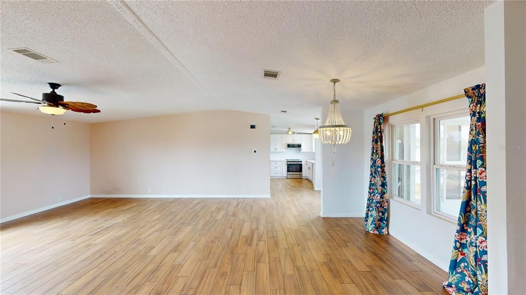 Chandelier, Empty room, Interior, Kitchen, Wood Texture Flooring