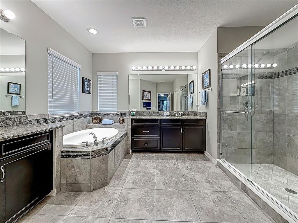 Bathroom, Dual Sink Vanities, Glass Shower, Interior, Recessed Lighting